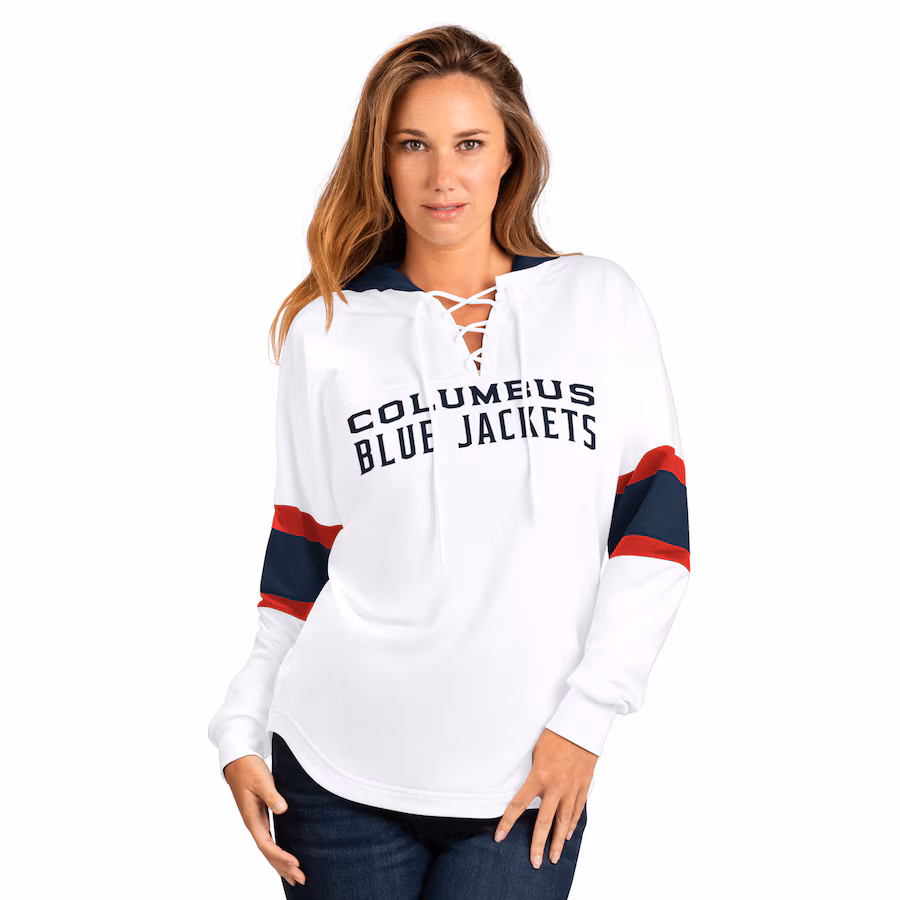 Women's Columbus Blue Jackets G-III 4Her by Carl Banks White Goal Zone Long Sleeve Lace-Up Hoodie T-Shirt