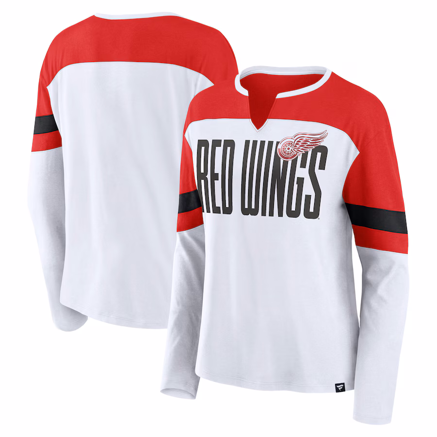 Women's Detroit Red Wings Fanatics White/Red Frozen Long Sleeve Notch Neck T-Shirt