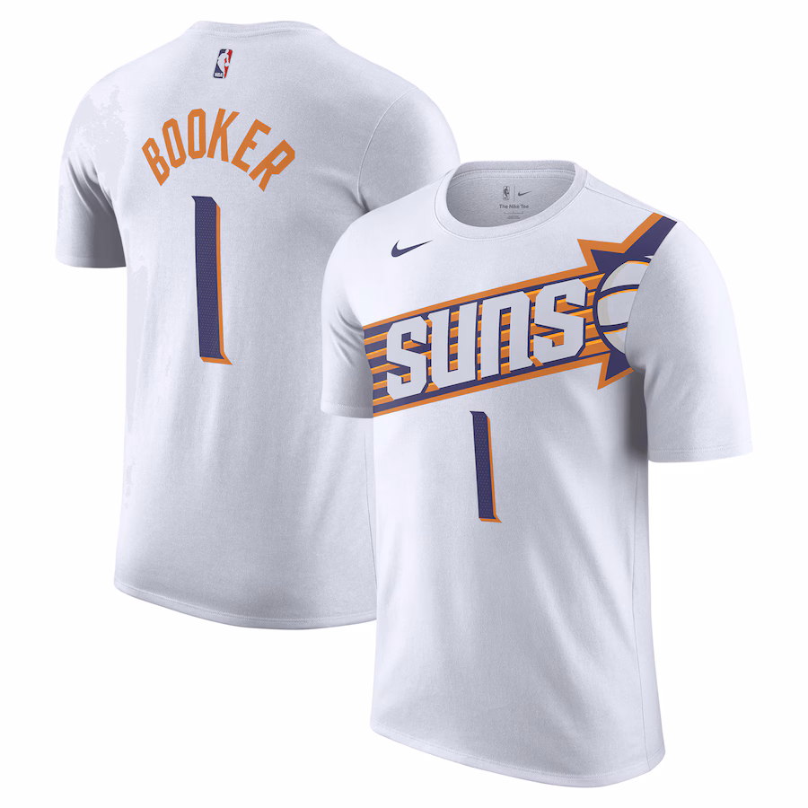 Men's Phoenix Suns Devin Booker Nike White 2023/24 Association Name & Number T-Shirt