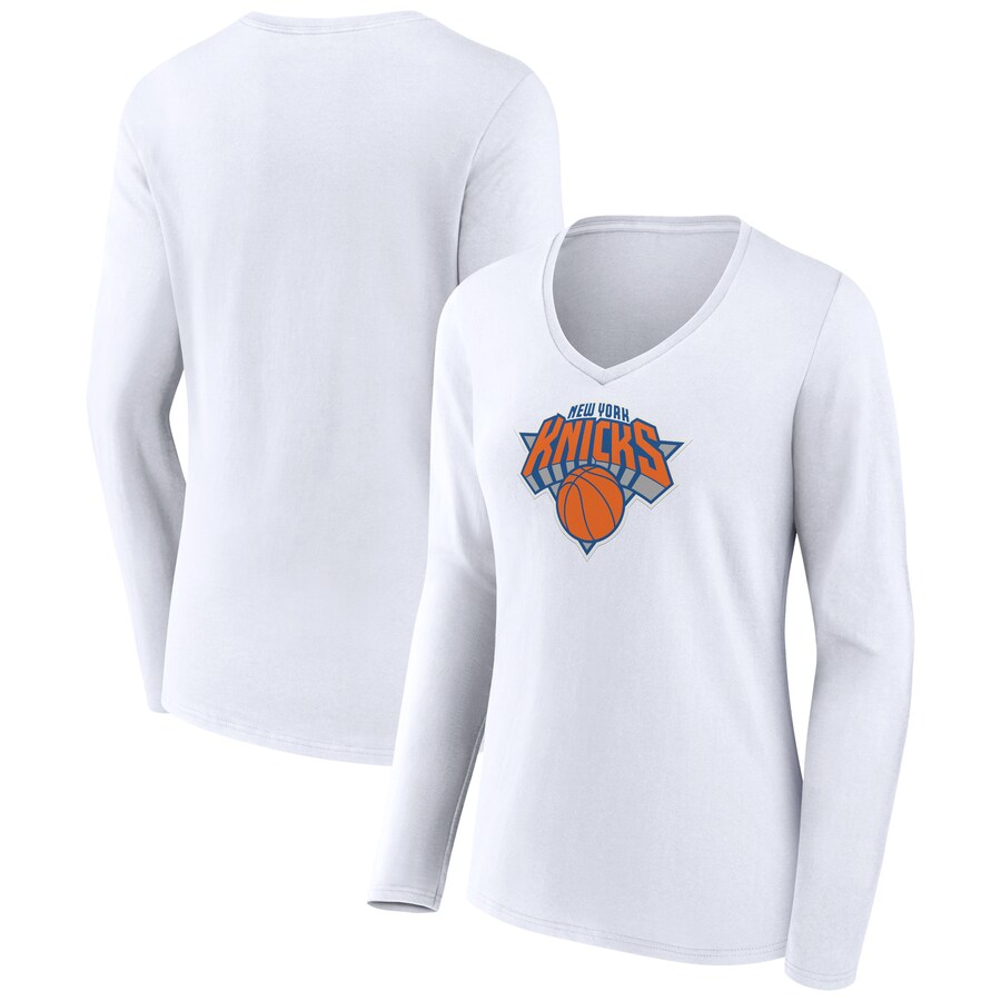 Women's New York Knicks White Logo Long Sleeve V-Neck T-Shirt