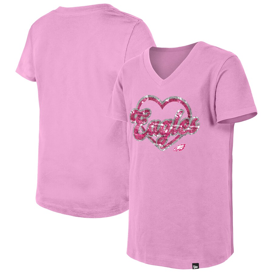 Girls Youth Philadelphia Eagles New Era Pink Flip Sequins V-Neck T-Shirt