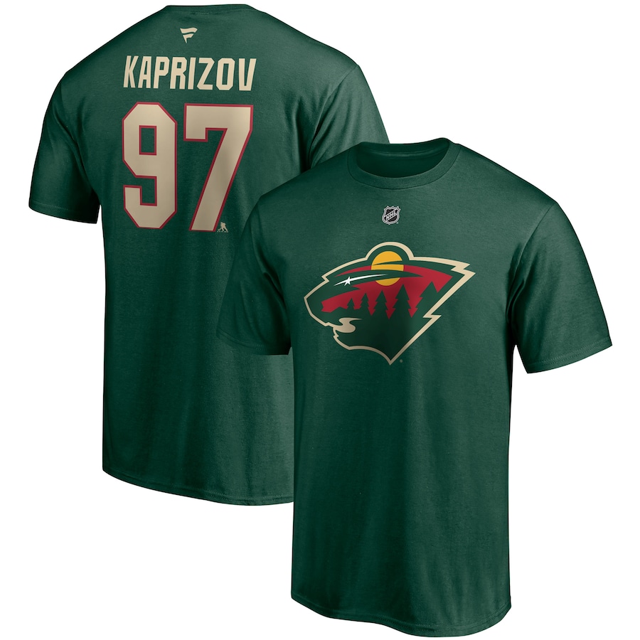 Men's Minnesota Wild Kirill Kaprizov Fanatics Green Authentic Stack Name & Number T-Shirt
