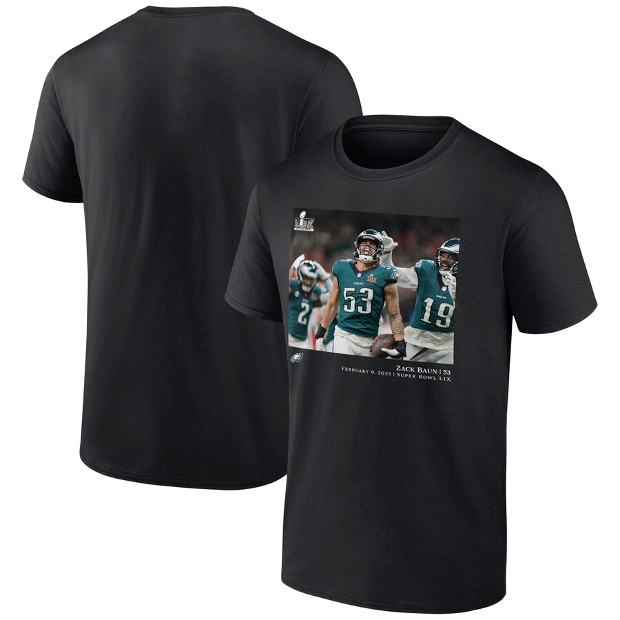 Men's Philadelphia Eagles Zack Baun Black NFL Flash Features Super Bowl LIX Champions T-Shirt