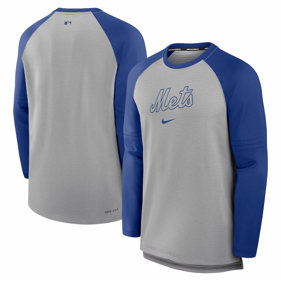 Men's New York Mets Nike Heather Gray/Royal Authentic Collection Game Time Raglan Performance Long Sleeve T-Shirt