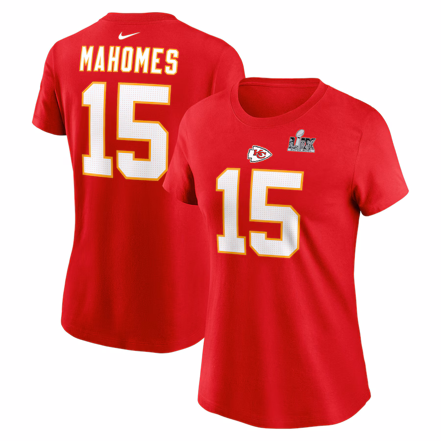 Women's Kansas City Chiefs Patrick Mahomes Nike Red Super Bowl LIX Name & Number T-Shirt