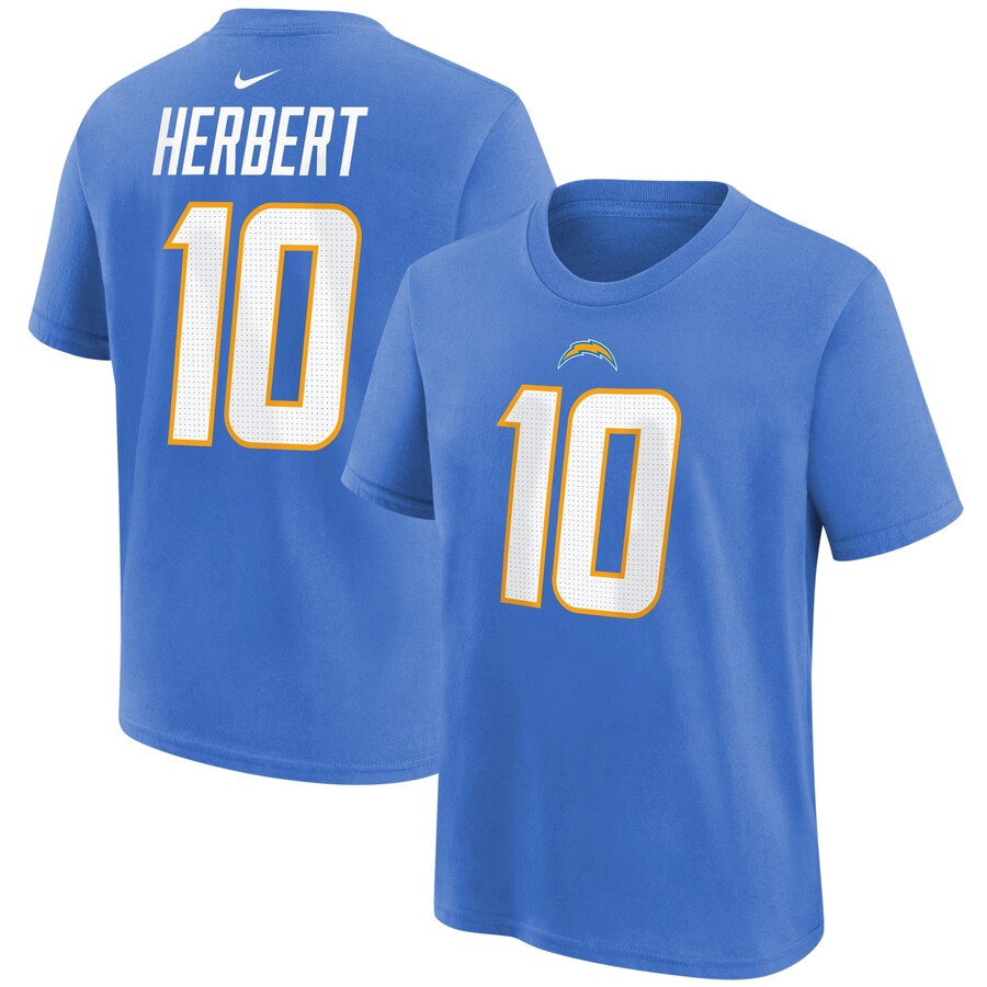 Youth Los Angeles Chargers Justin Herbert Powder Blue Nike Player Name & Number T-Shirt