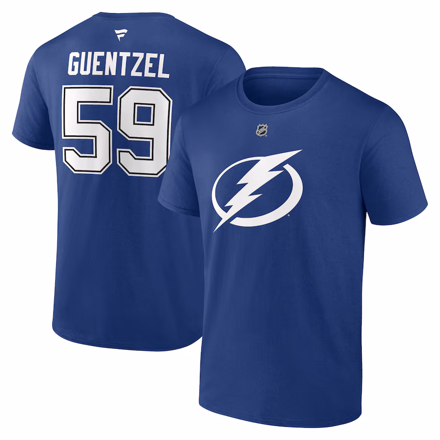 Men's Tampa Bay Lightning Jake Guentzel Fanatics Blue Authentic Stack Name & Number T-Shirt