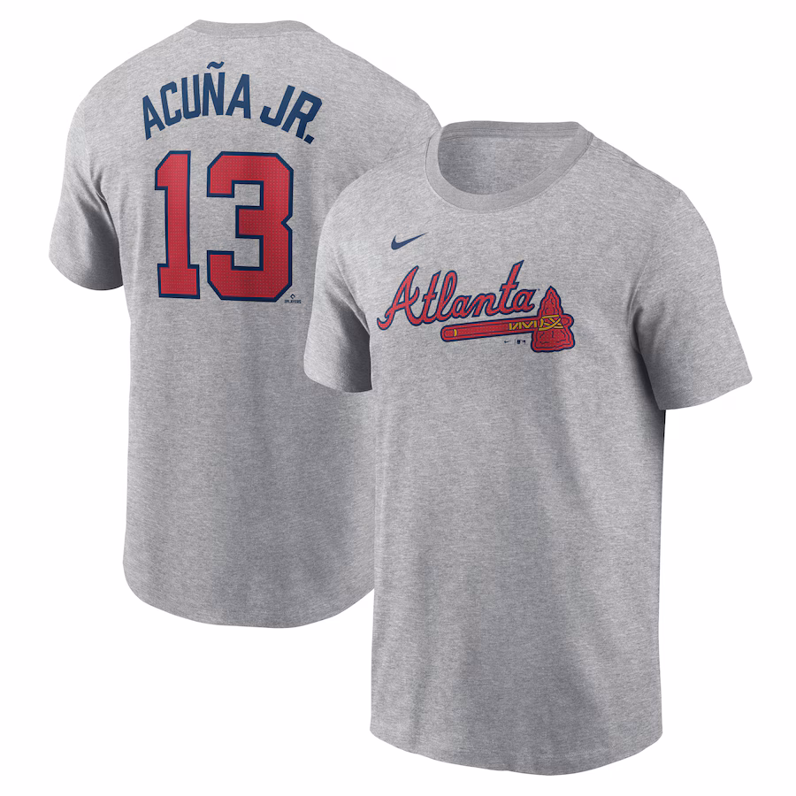 Men's Atlanta Braves Ronald Acuña Jr. Nike Gray Fuse Name & Number T-Shirt
