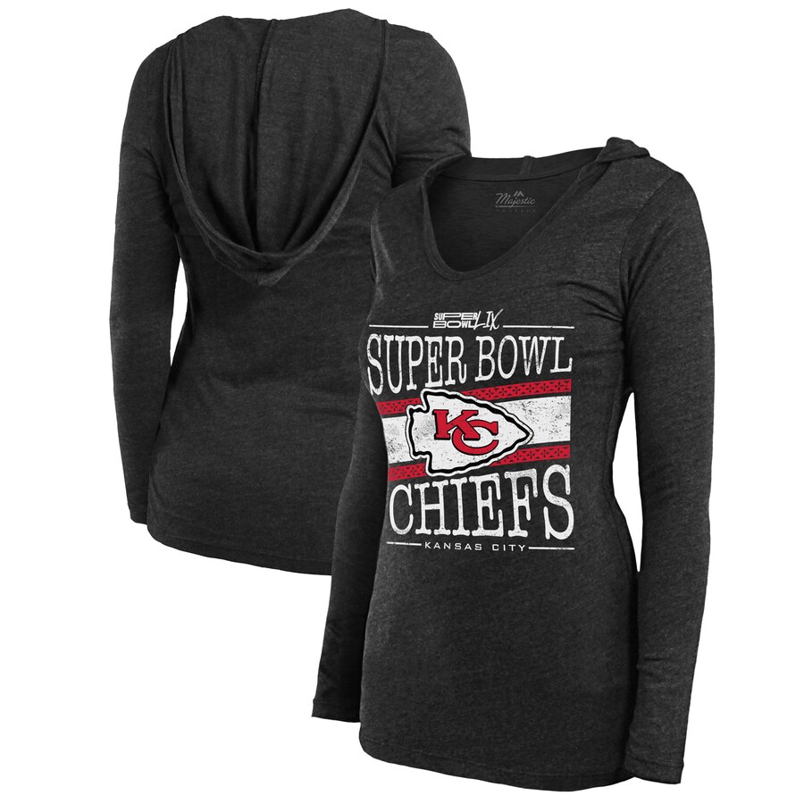 Women's Kansas City Chiefs Majestic Threads Heather Charcoal Super Bowl LIX Dapper Tri-Blend V-Neck Long Sleeve Hoodie T-Shirt