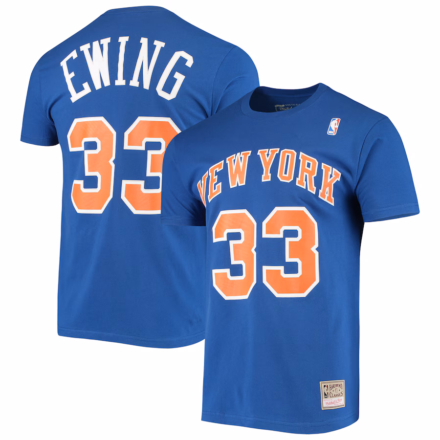 Men's New York Knicks Patrick Ewing Mitchell & Ness Blue Hardwood Classics Stitch Name & Number T-Shirt