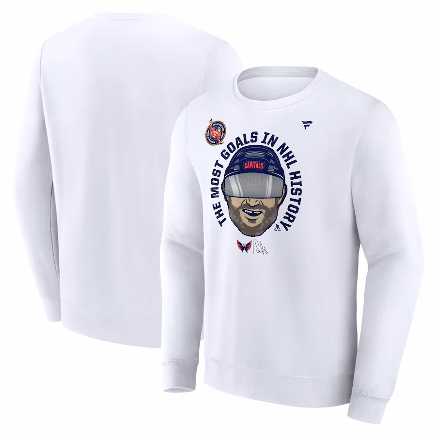 Men's Washington Capitals Alexander Ovechkin Fanatics White NHL All-Time Leading Goal Scorer GR8 Caricature Fleece Pullover Sweatshirt