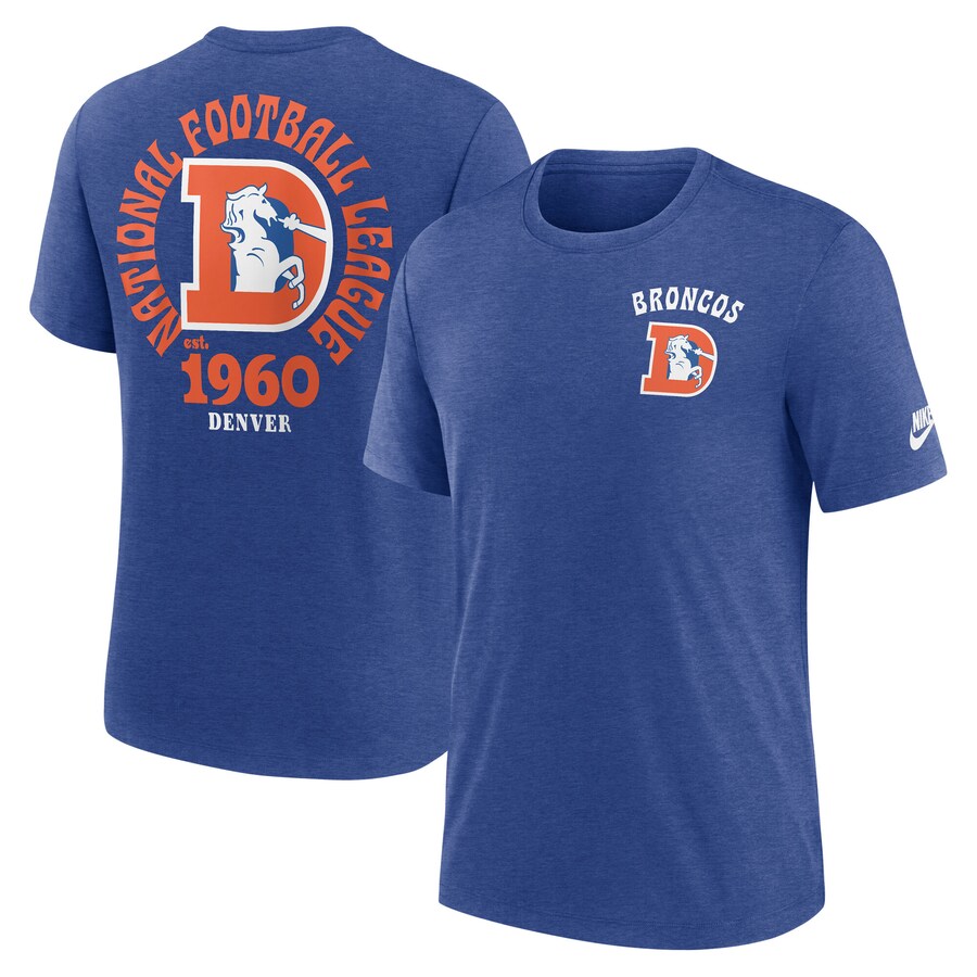 Men's Denver Broncos Nike Heather Blue Rewind Team Excite 2-Hit Tri-Blend T-Shirt