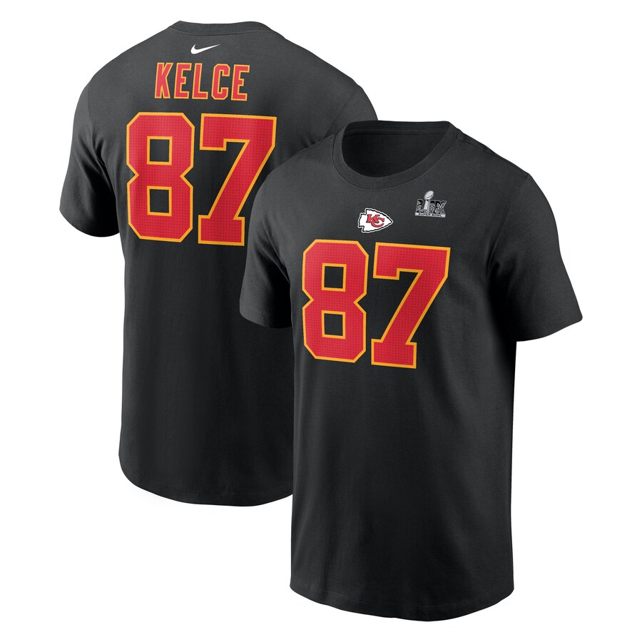 Men's Kansas City Chiefs Travis Kelce Nike Black Super Bowl LIX Name & Number T-Shirt
