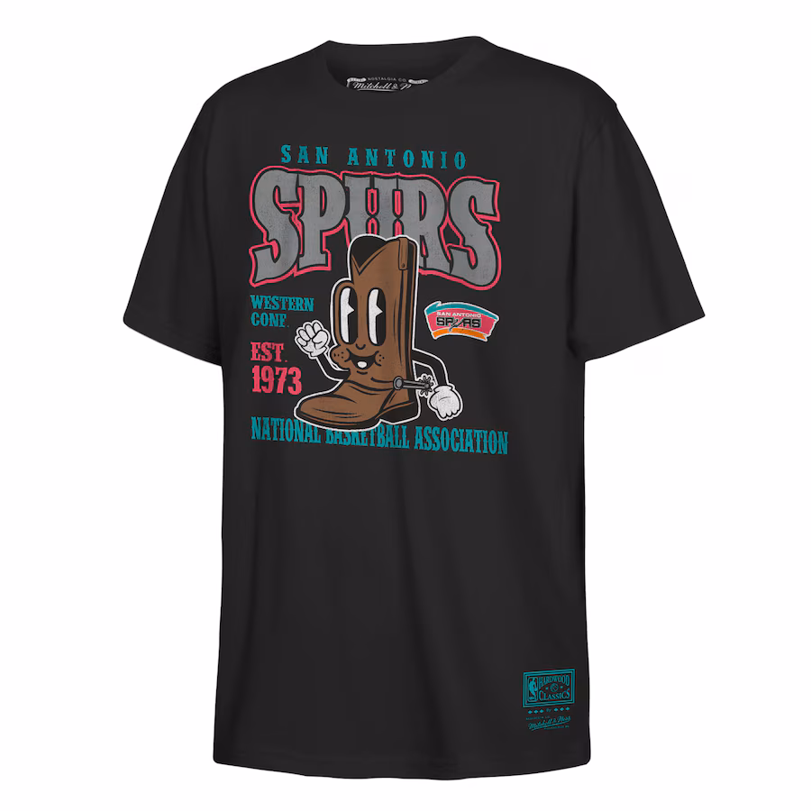 Youth San Antonio Spurs Mitchell & Ness Black Retro Mascot Script T-Shirt
