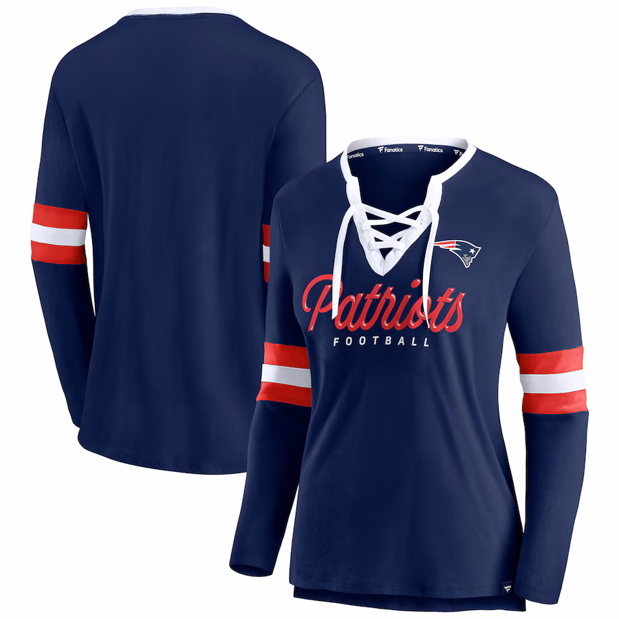 Women's New England Patriots Fanatics Navy Block Party Team Script Lace-Up Long Sleeve T-Shirt