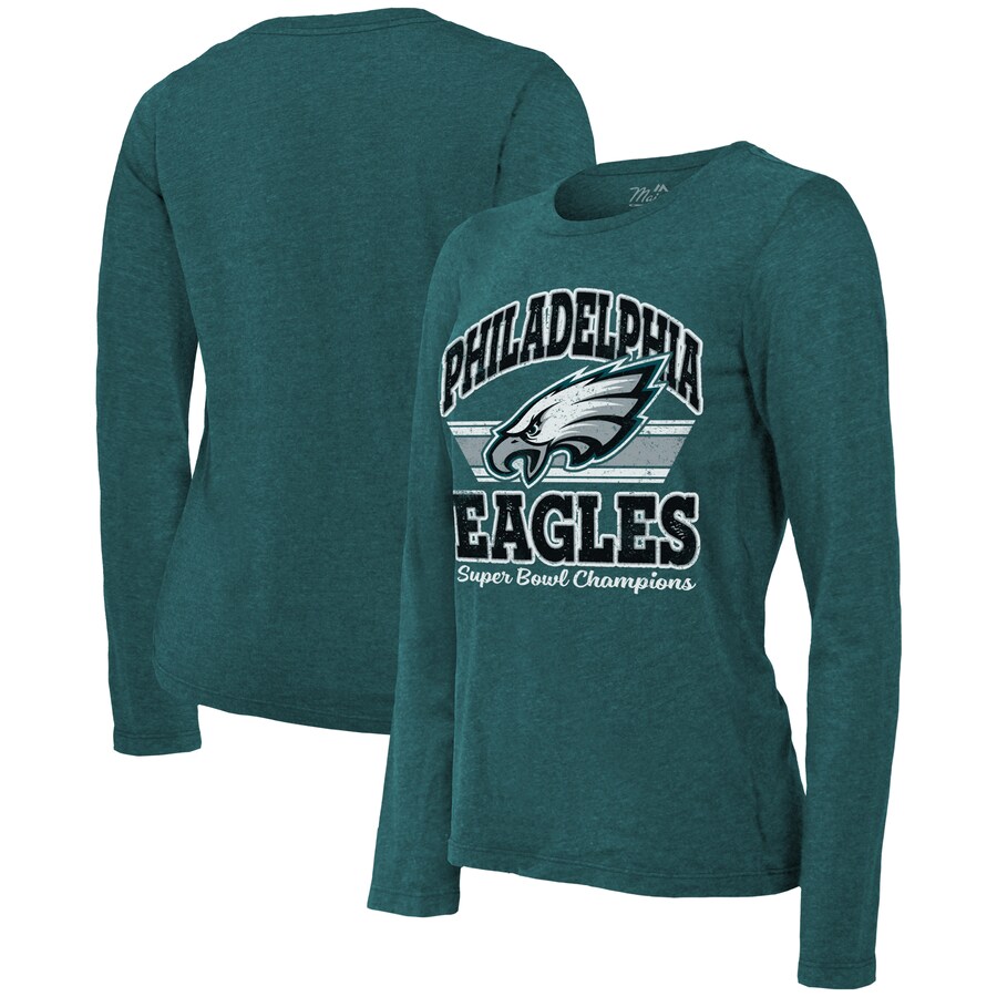 Women's Philadelphia Eagles  Majestic Threads Midnight Green Super Bowl LIX Champions Coffin Corner Boyfriend Long Sleeve Tri-Blend T-Shirt