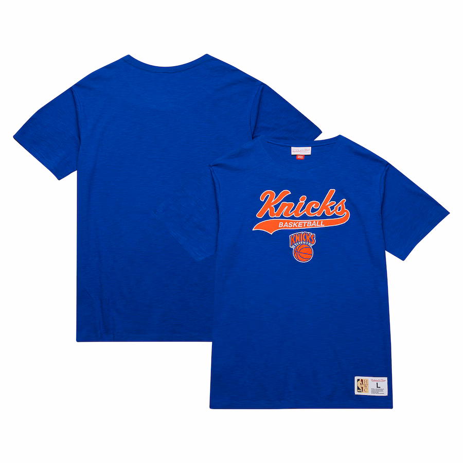 Men's New York Knicks Mitchell & Ness Blue Hardwood Classics Felt Applique Slub T-Shirt