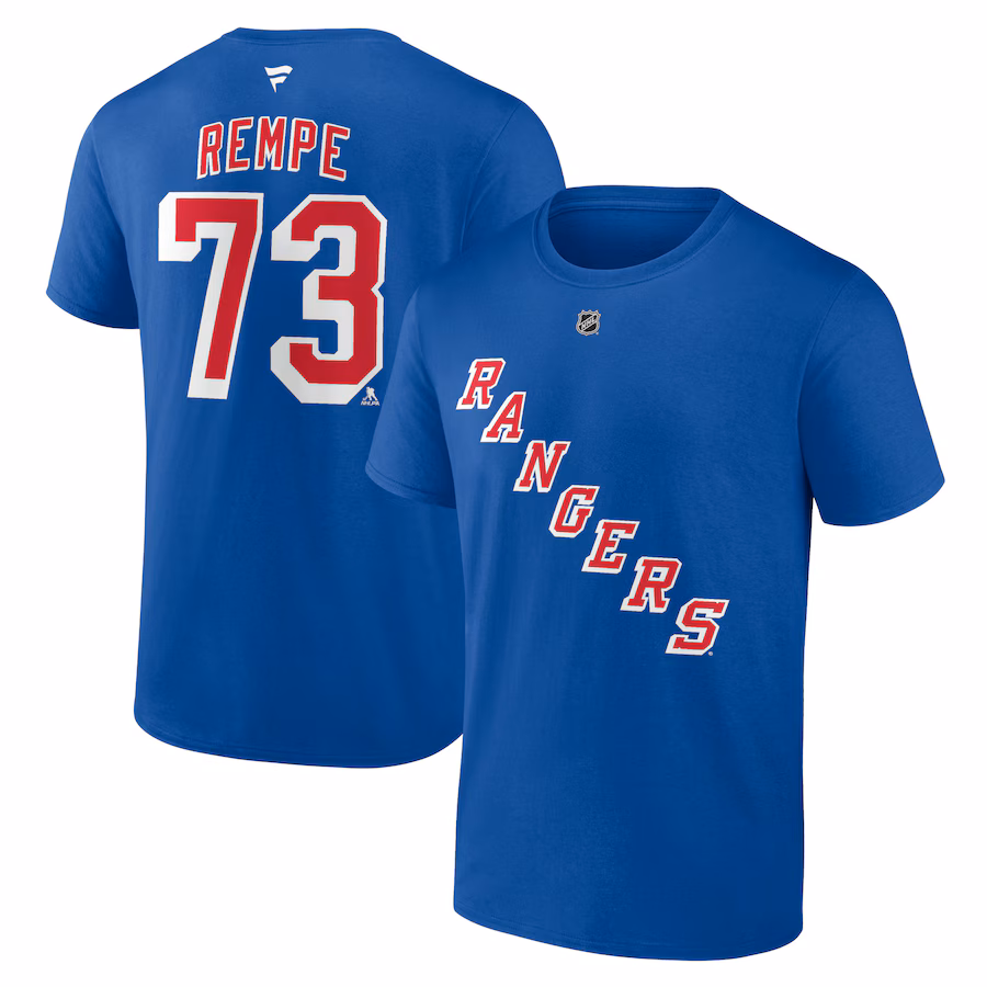 Men's New York Rangers Matt Rempe Fanatics Blue Authentic Stack Name & Number T-Shirt