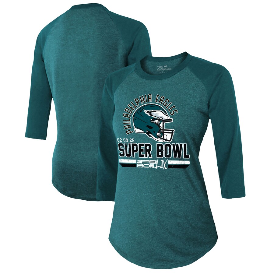 Women's Philadelphia Eagles Majestic Threads Midnight Green Super Bowl LIX Hard Count Tri-Blend Raglan 3/4-Sleeve T-Shirt