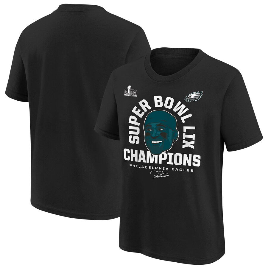 Youth Philadelphia Eagles Jalen Hurts Black Super Bowl LIX Champions Face T-Shirt