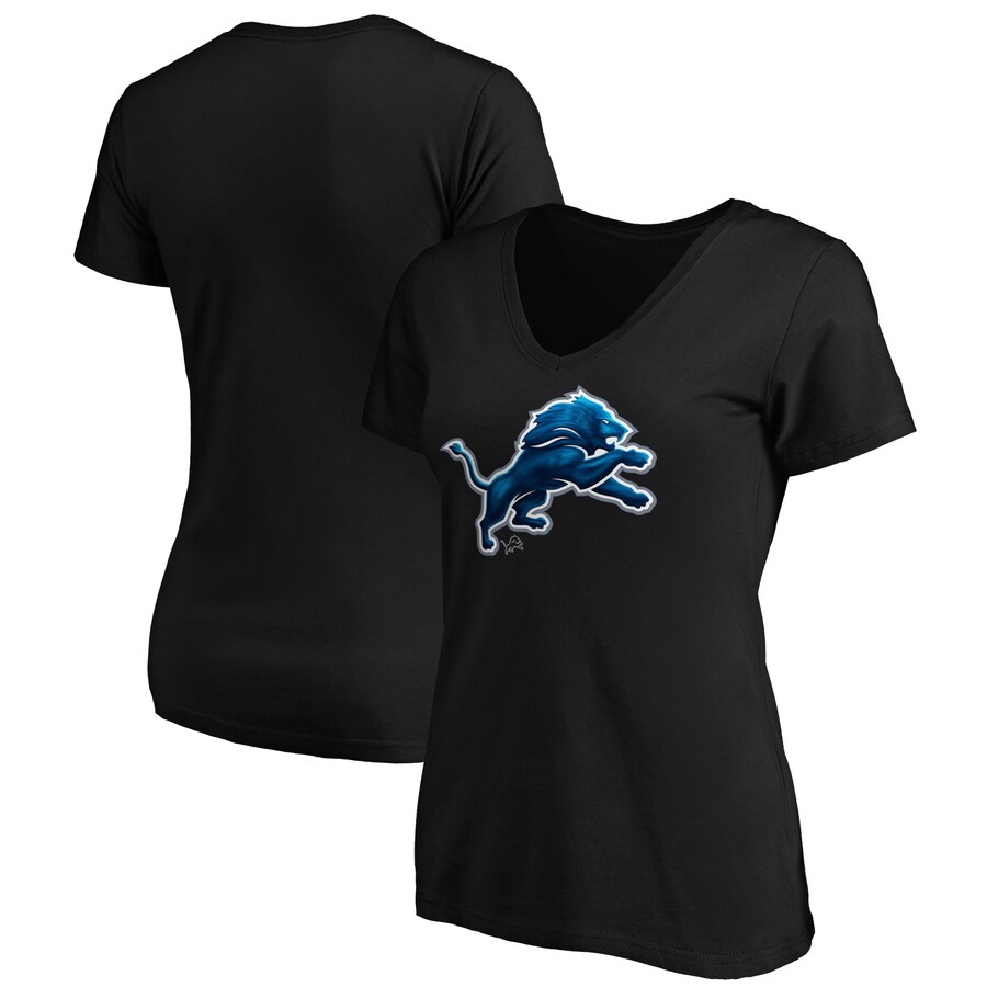Women's Detroit Lions Black Midnight Mascot Logo V-Neck T-Shirt
