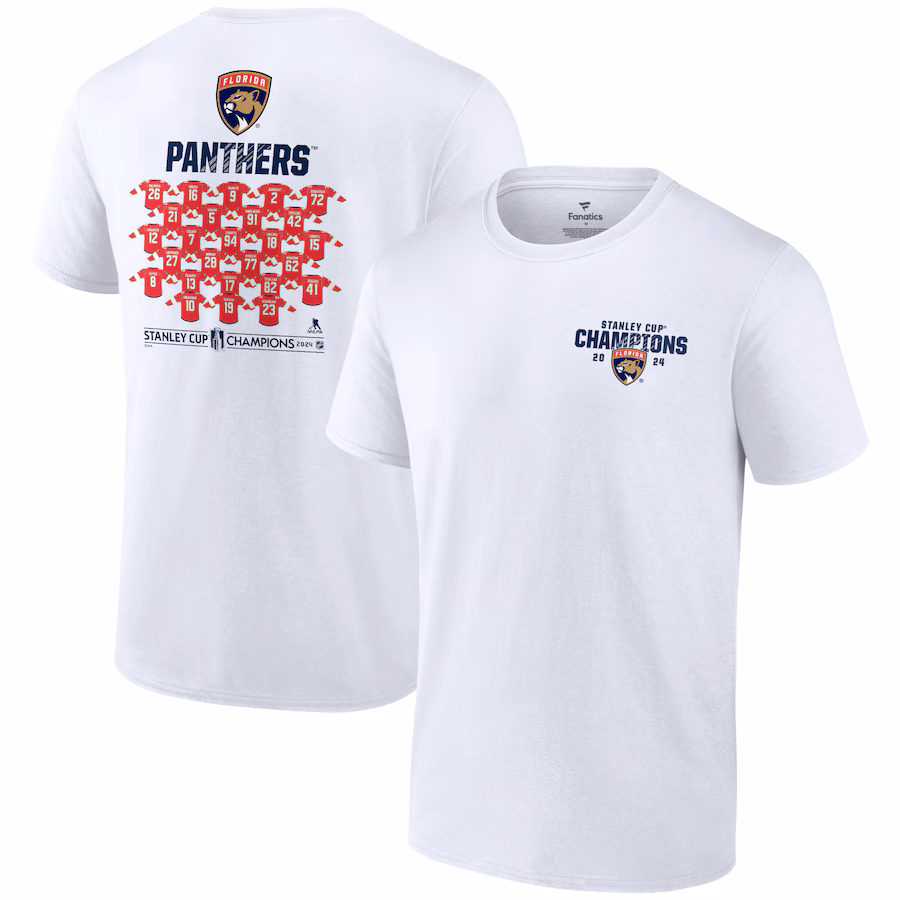 Men's Florida Panthers Fanatics White 2024 Stanley Cup Champions Jersey Roster T-Shirt