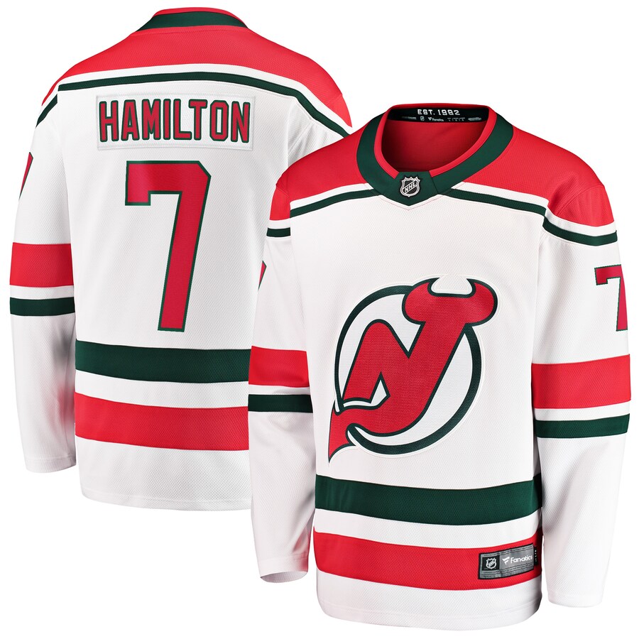 Men's New Jersey Devils Dougie Hamilton Fanatics Branded White 2022/23 Heritage Premier Breakaway Jersey