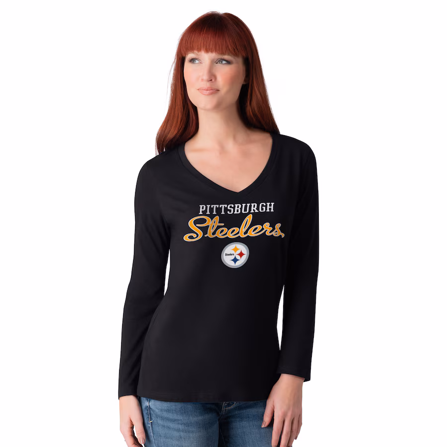 Women's Pittsburgh Steelers G-III 4Her by Carl Banks Black Post Season Long Sleeve V-Neck T-Shirt