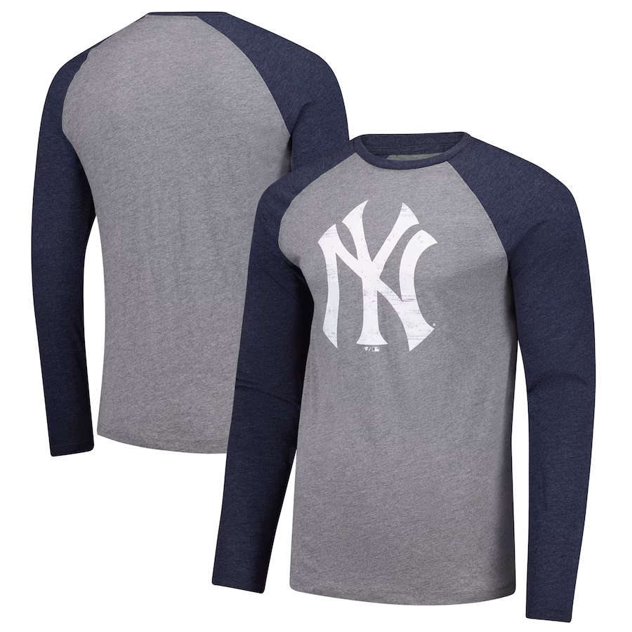 Men's New York Yankees Fanatics Heather Gray/Heather Navy Weathered Logo Tri-Blend Raglan Long Sleeve T-Shirt