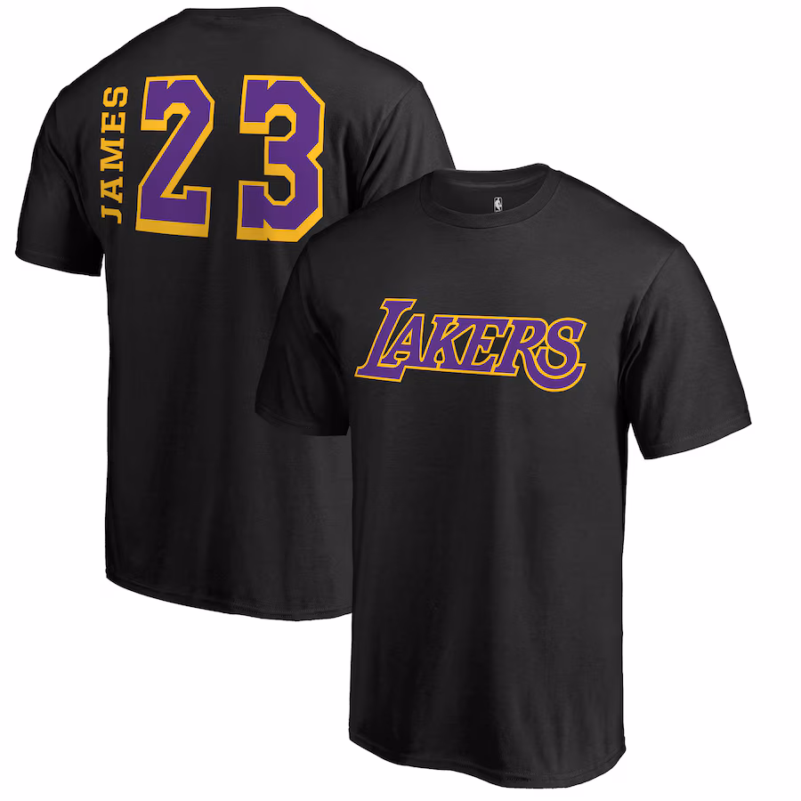Men's Los Angeles Lakers LeBron James Black Sidesweep Name & Number T-Shirt