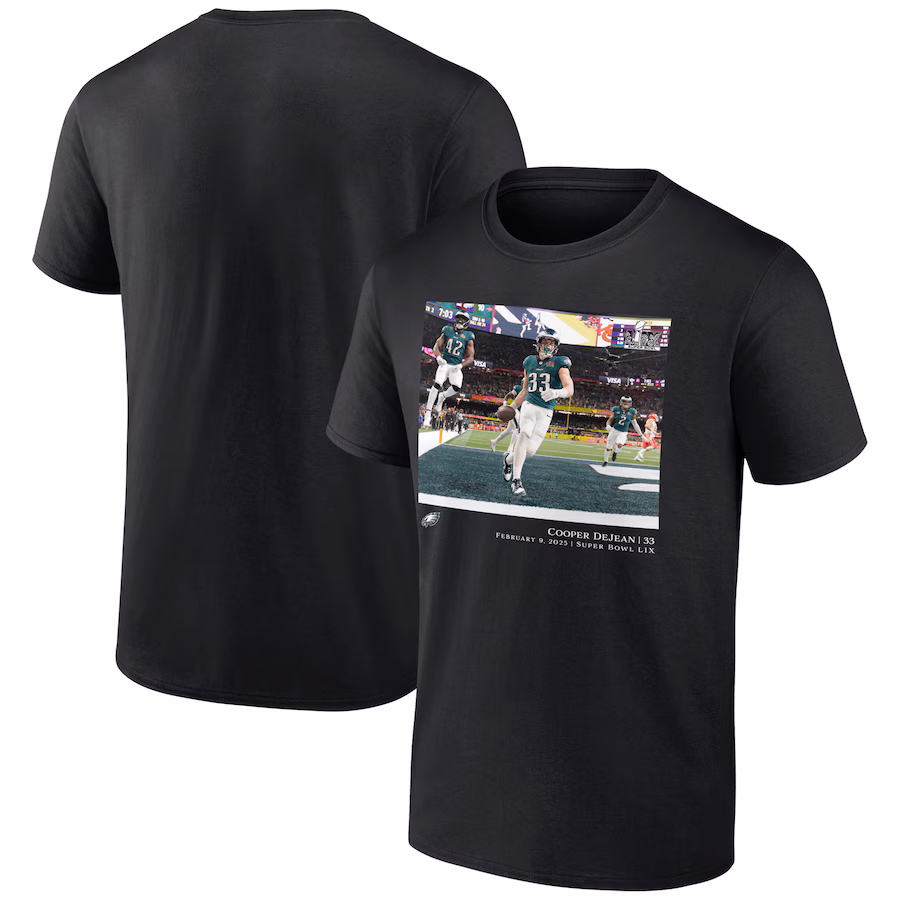 Men's Philadelphia Eagles Cooper DeJean Black NFL Flash Features Super Bowl LIX Champions T-Shirt