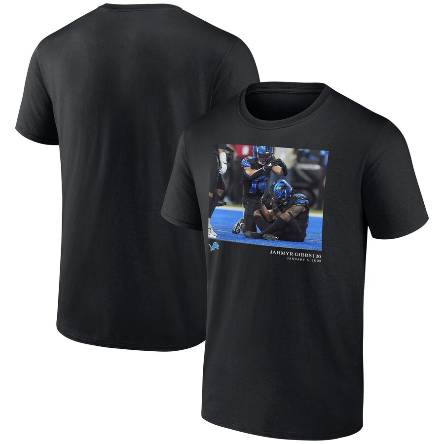 Men's Detroit Lions Jahmyr Gibbs Black  NFL Flash Features Week 18 T-Shirt