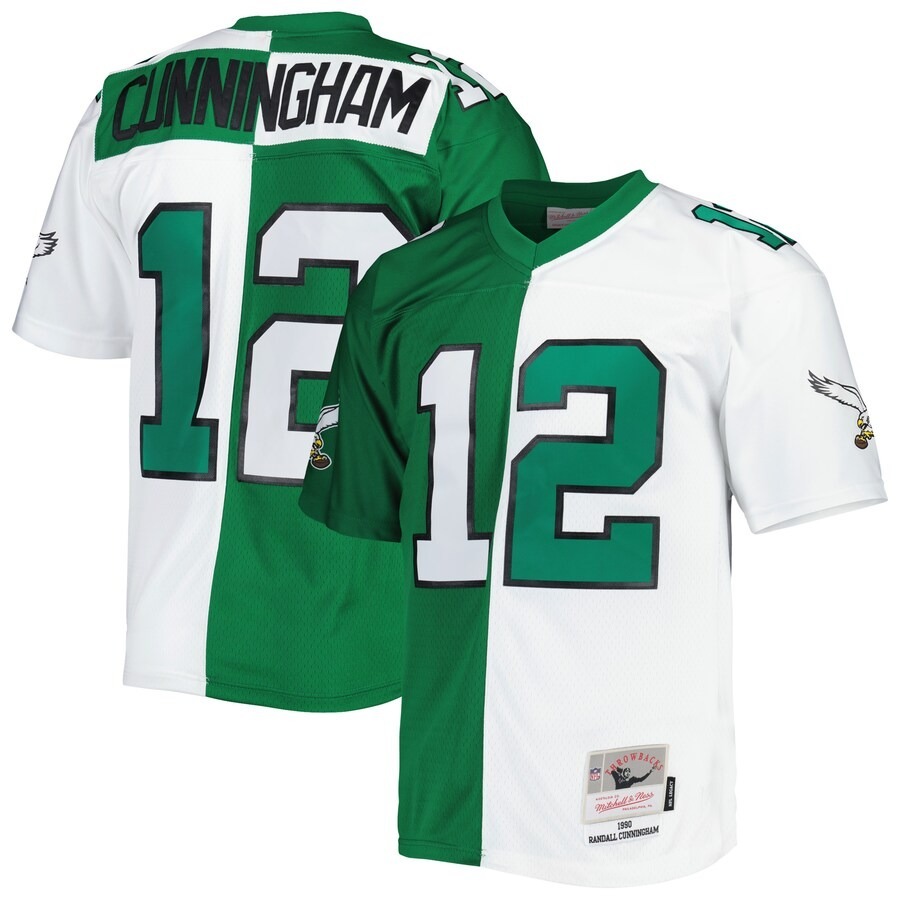 Men's Philadelphia Eagles Randall Cunningham Mitchell & Ness Kelly Green/White 1990 Split Legacy Replica Jersey