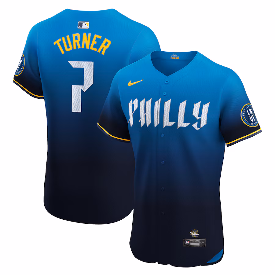 Men's Philadelphia Phillies Trea Turner Nike Blue 2024 City Connect Elite Player Jersey