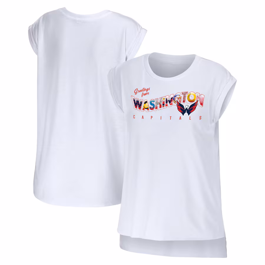 Women's Washington Capitals WEAR by Erin Andrews White Greetings From Muscle T-Shirt