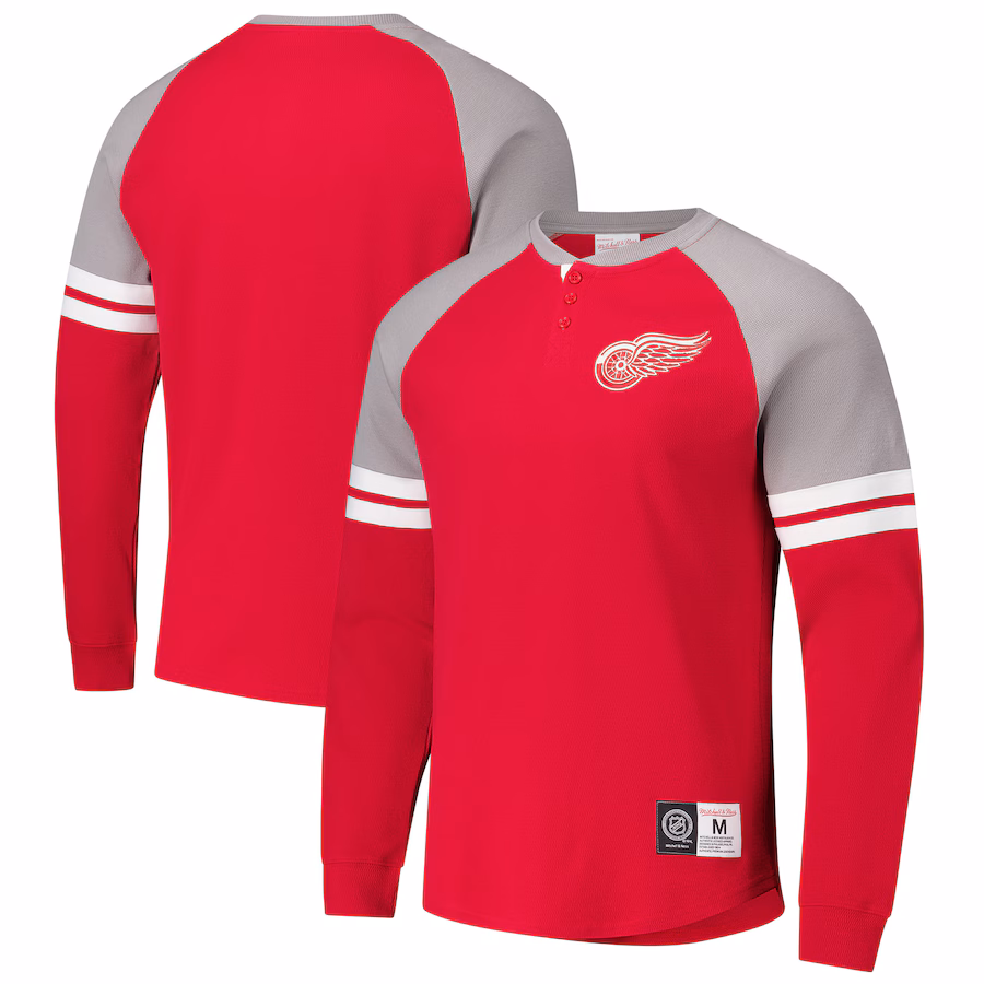 Men's Detroit Red Wings Mitchell & Ness Red Thermal Henley Long Sleeve T-Shirt