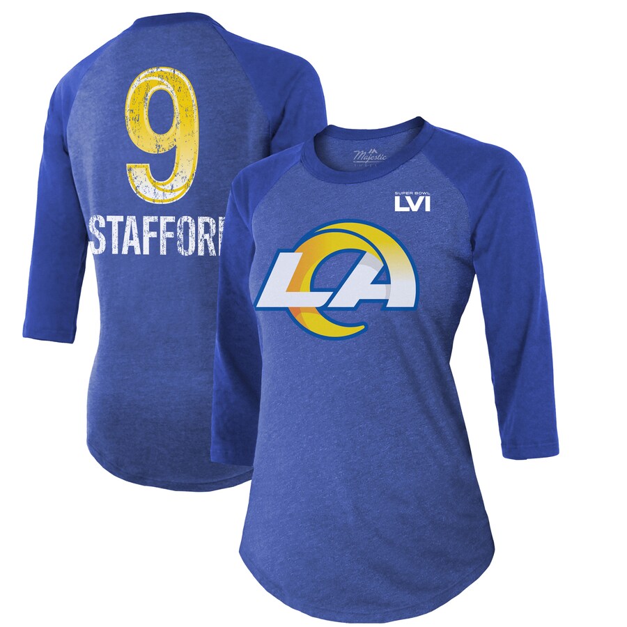 Women's Los Angeles Rams Matthew Stafford Majestic Threads Royal Super Bowl LVI Name & Number Raglan 3/4 Sleeve T-Shirt