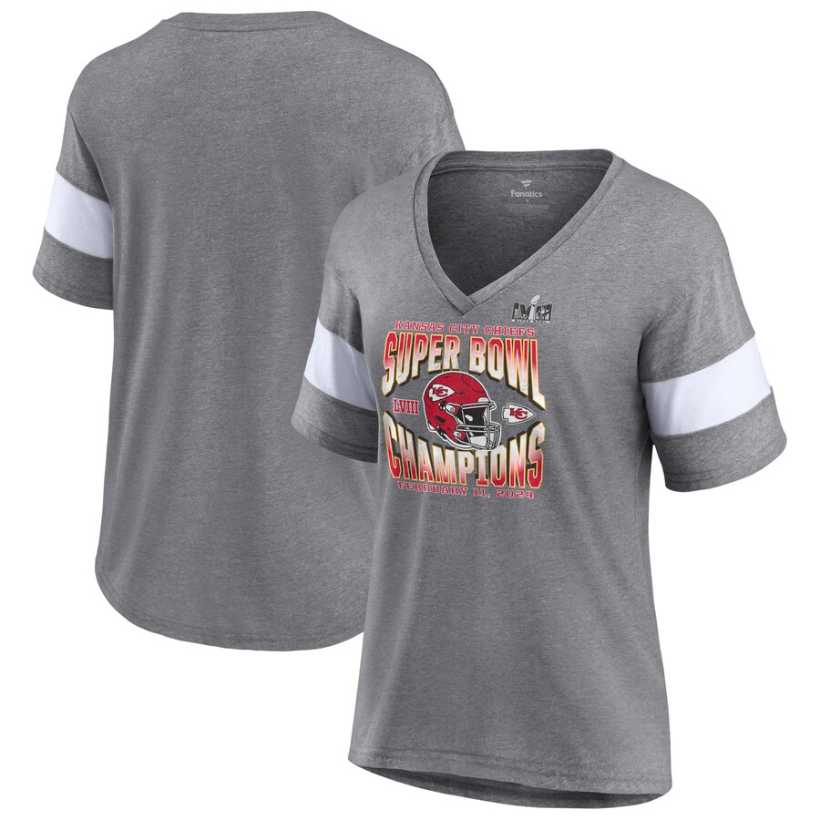 Women's Kansas City Chiefs  Fanatics Heather Gray Super Bowl LVIII Champions Own the Moment Lightweight Tri-Blend V-Neck T-Shirt