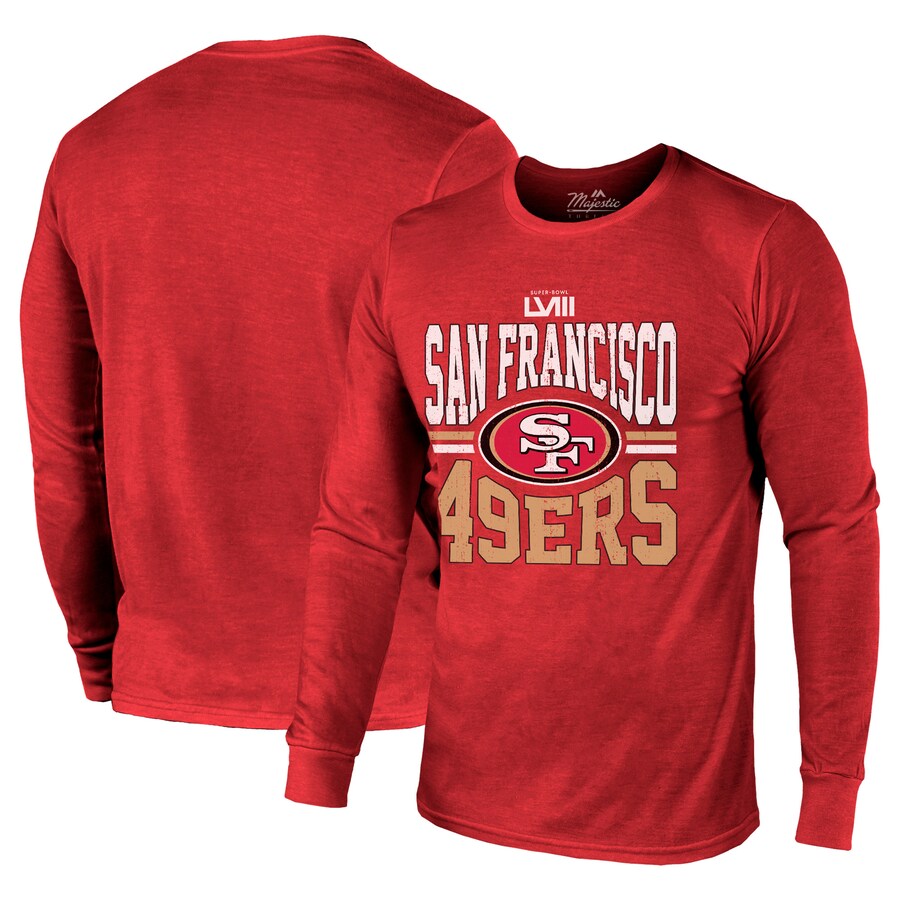 Men's San Francisco 49ers Majestic Threads Scarlet Super Bowl LVIII Tri-Blend Long Sleeve T-Shirt