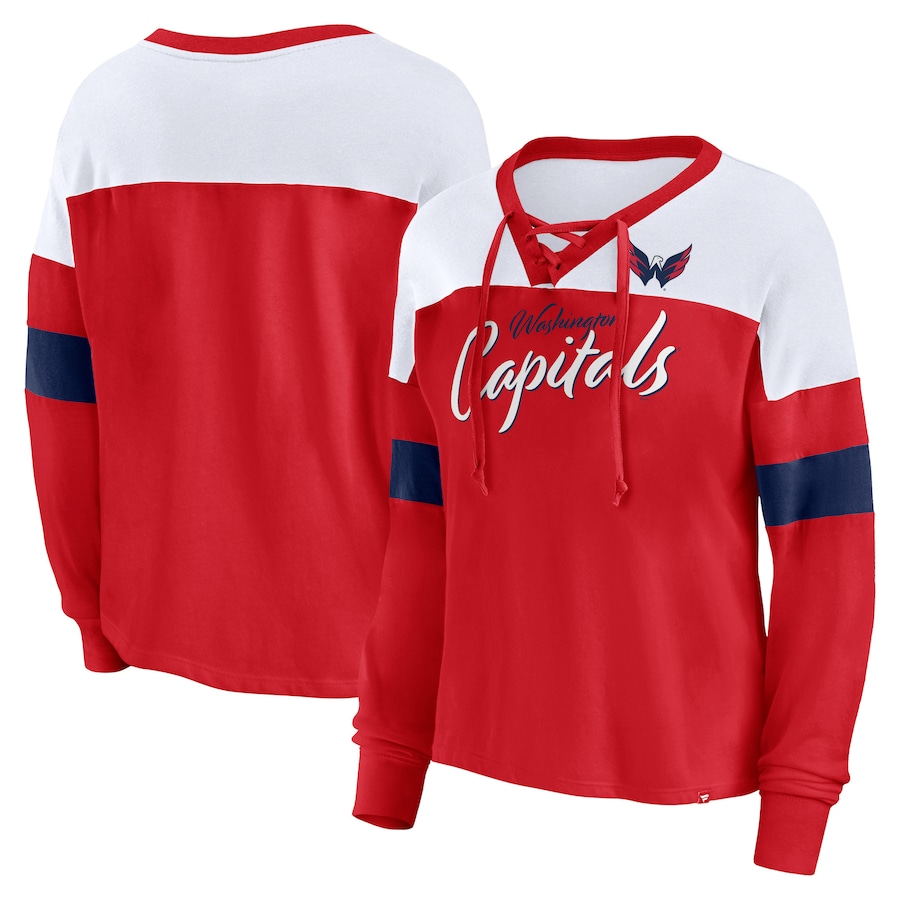 Women's Washington Capitals Fanatics Red Take the Shot Long Sleeve Lace-Up V-Neck T-Shirt