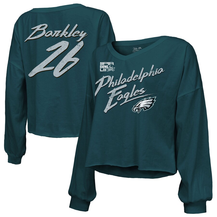 Women's Philadelphia Eagles Saquon Barkley Majestic Threads Midnight Green Super Bowl LIX Name & Number Off-Shoulder Script Long Sleeve V-Neck T-Shirt