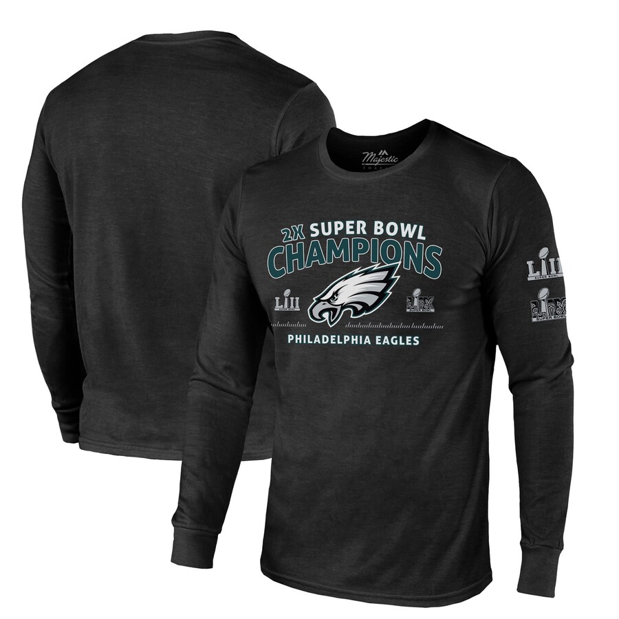 Men's Philadelphia Eagles Majestic Threads Black Two-Time Super Bowl Champions Sky High Long Sleeve Tri-Blend T-Shirt