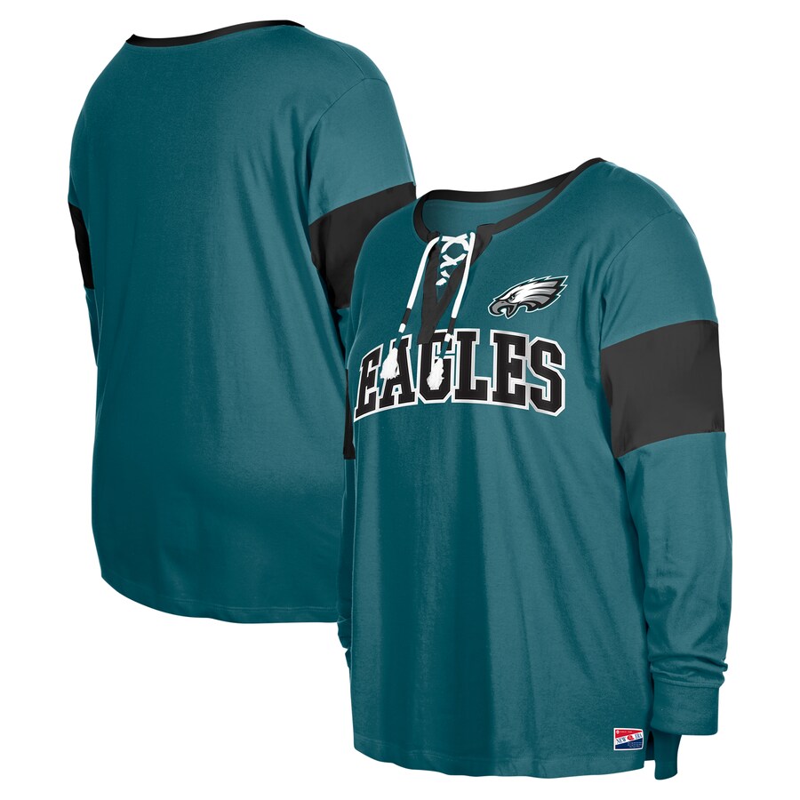 Women's Philadelphia Eagles New Era Midnight Green Plus Size Lace-Up Notch Neck Long Sleeve T-Shirt