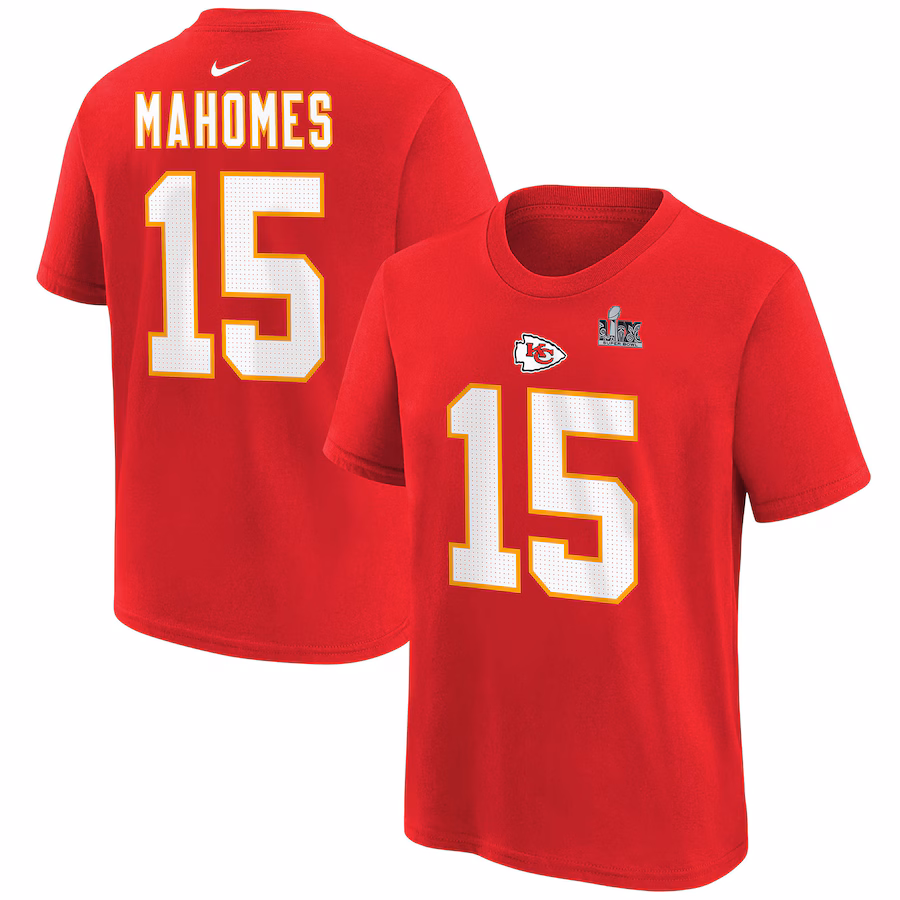 Youth Kansas City Chiefs Patrick Mahomes Nike Red Super Bowl LIX Player Name & Number T-Shirt