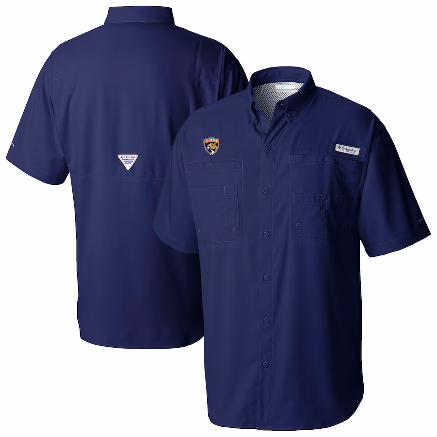 Men's Florida Panthers Columbia Navy Tamiami Short Sleeve Omni-Wick Button-Down Shirt