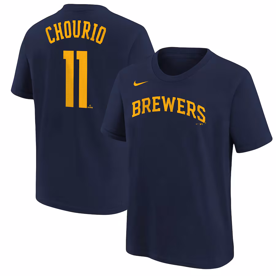 Youth Milwaukee Brewers Jackson Chourio Nike Navy Name & Number T-Shirt