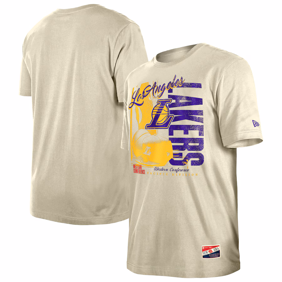 Men's Los Angeles Lakers  New Era Cream Distressed Throwback Vintage Color Pack T-Shirt