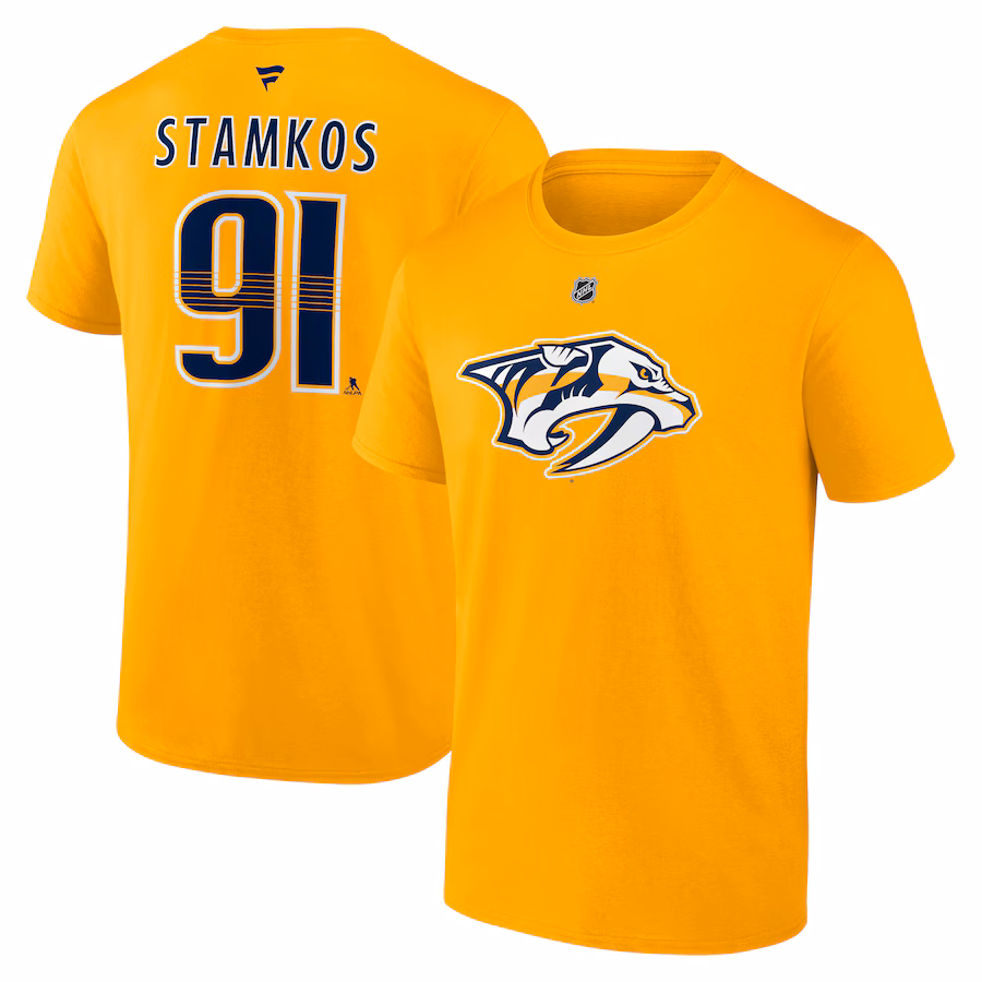 Men's Nashville Predators Steven Stamkos Fanatics Gold Authentic Stack Name & Number T-Shirt