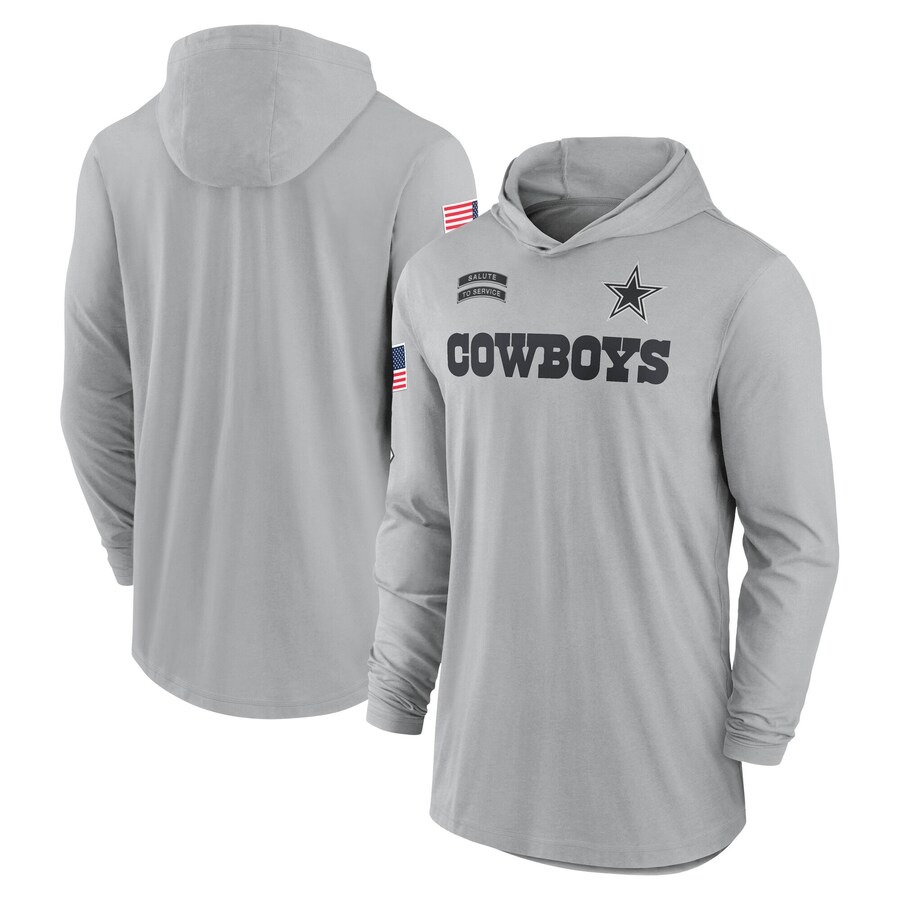 Men's Dallas Cowboys Nike Gray 2024 Salute to Service Lightweight Performance Long Sleeve Hooded T-Shirt