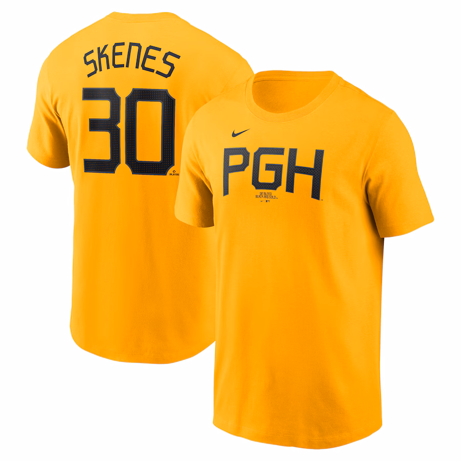 Men's Pittsburgh Pirates Paul Skenes Nike Gold Fuse Name & Number T-Shirt